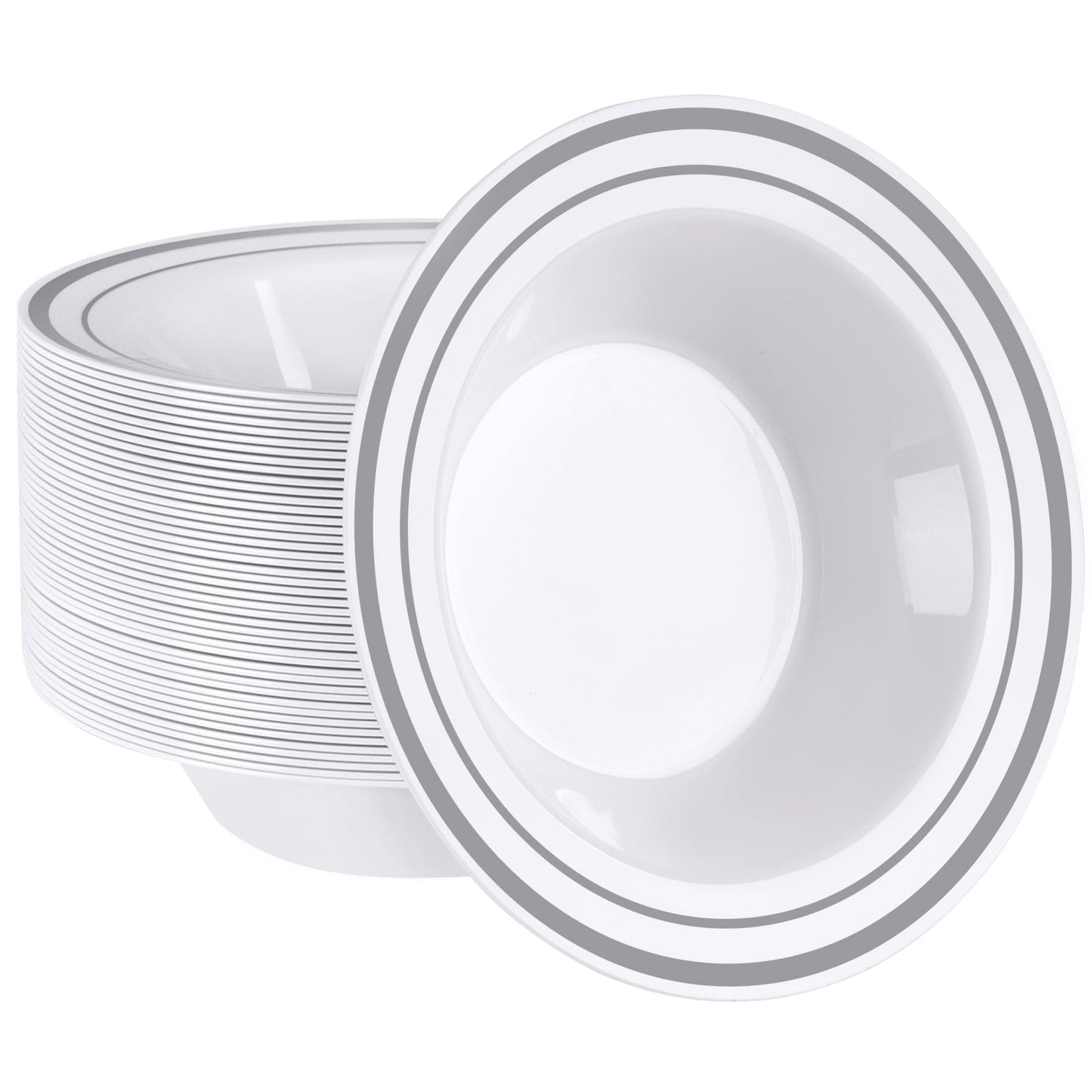 SETUP [12 oz. - 50 Piece Dessert Soup Bowls with Silver Rim, Plastic Bowls Disposable - Premium Heavy-Duty Disposable Soup Bowls for Party, Wedding