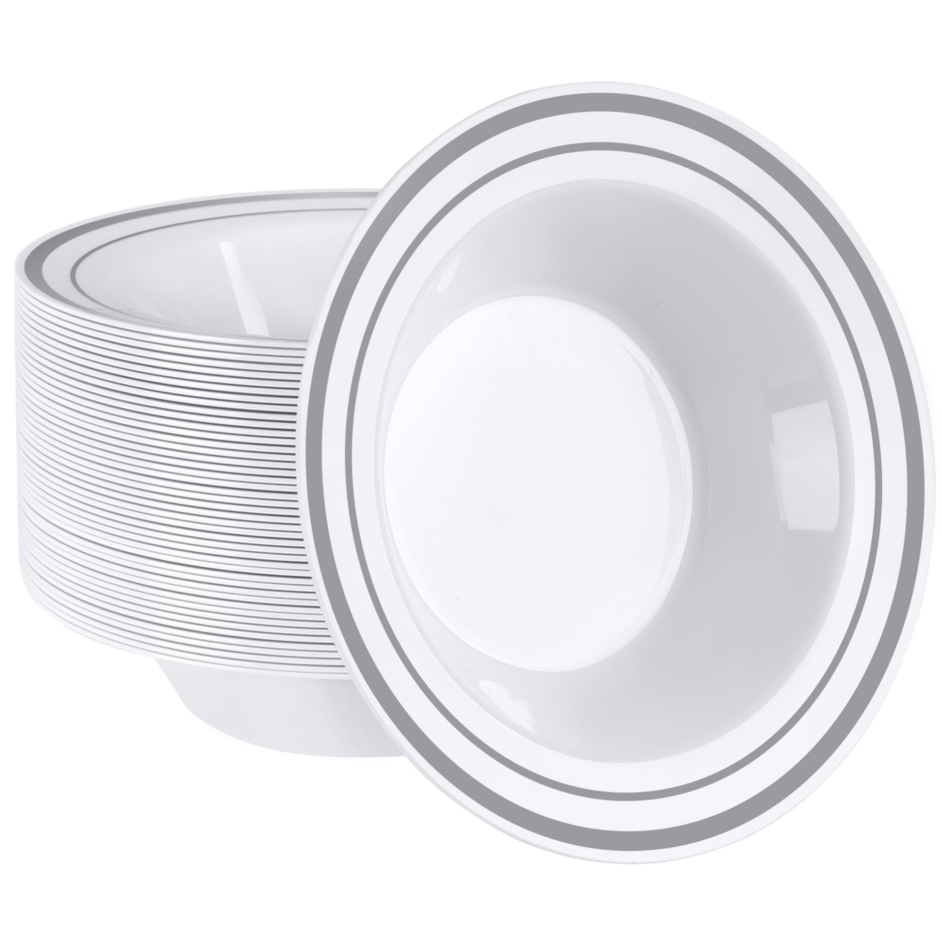 SETUP [12 oz. - 50 Piece Dessert Soup Bowls with Silver Rim, Plastic Bowls Disposable - Premium Heavy-Duty Disposable Soup Bowls for Party, Wedding