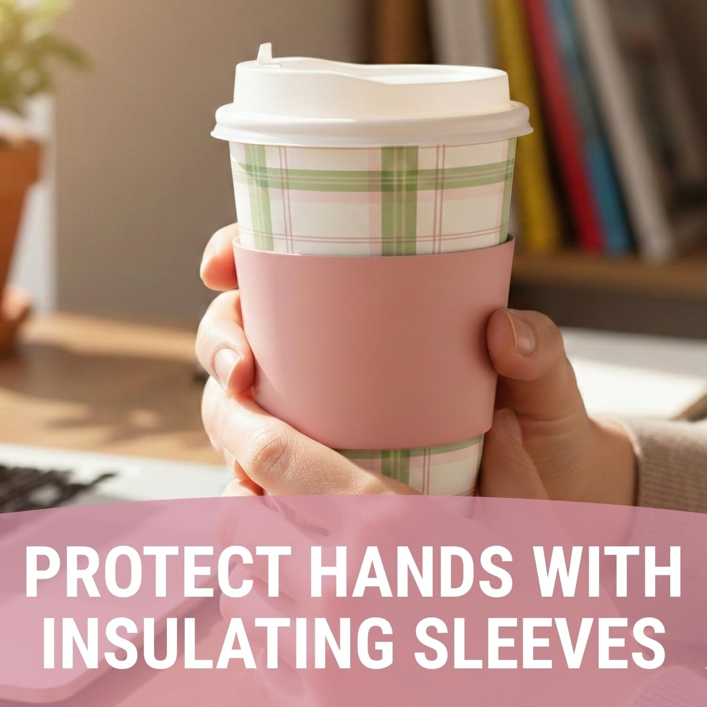 Fun Express 5 1/2" 16 oz. Sage & Pink Plaid Disposable Paper Coffee Cups with Lids & Sleeves - 12 Count