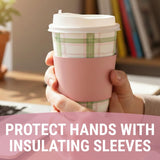 Fun Express 5 1/2" 16 oz. Sage & Pink Plaid Disposable Paper Coffee Cups with Lids & Sleeves - 12 Count