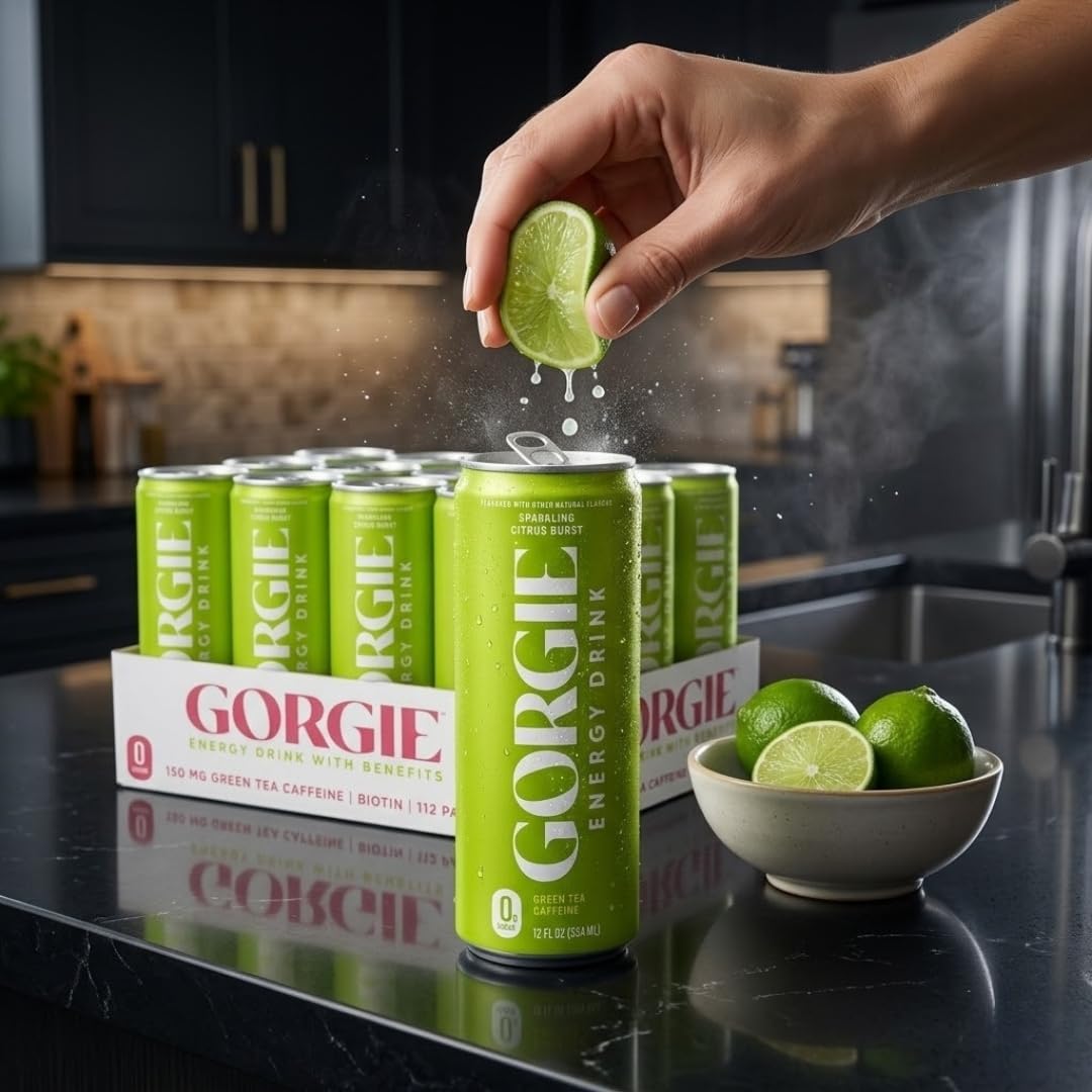 Gorgie Bev Energy Sparkling Citrus Burst - 12 fl oz Cans - for Focus and Refreshment - Alternative to Alani and Celsius - V8 Style Beverage - 6 Pack