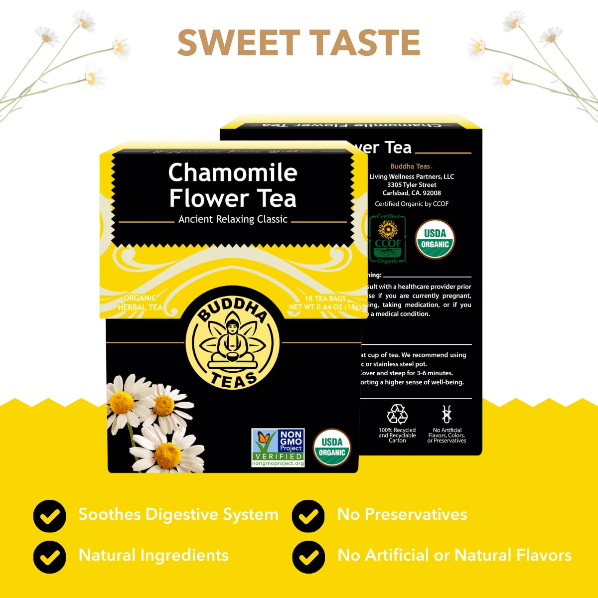 Buddha Teas - Organic Chamomile Flower Tea - Herbal Tea - For Health & Wellbeing - With Antioxidants & Minerals - Clean Ingredients - Caffeine Free