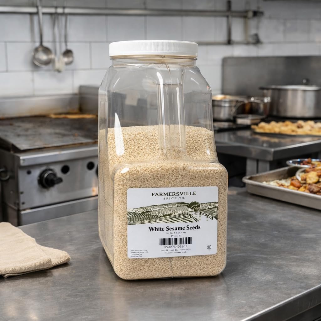 Farmersville Spice Co. White Sesame Seeds, 5 lb Handle Jug, Kosher Seeds for Restaurants & Foodservice