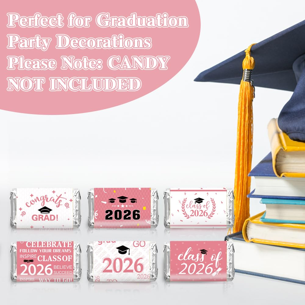 Graduation Party Decorations 2025 Graduation Label Stickers, 120PCS Congrats Grad Mini Pink White Candy Wrapper Class Of 2025 Chocolate Bar Stickers