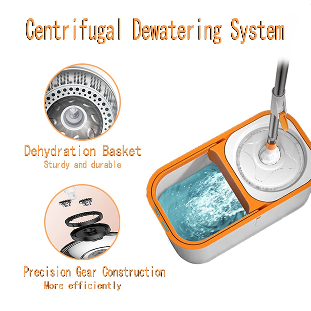 Spin Mop Bucket with Wringer System Extended Mop Handle 61?Mop and Bucket for Floors Cleaning with 5 Replacement Head Refill 1 Cleaning Brush Head
