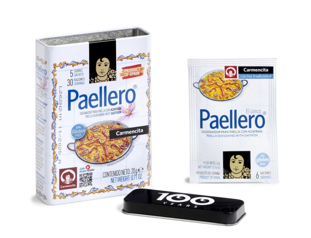 Carmencita. Paellero Paella Seasoning with Saffron (5 sackets) in metallic Tin. 20g (0.71oz)