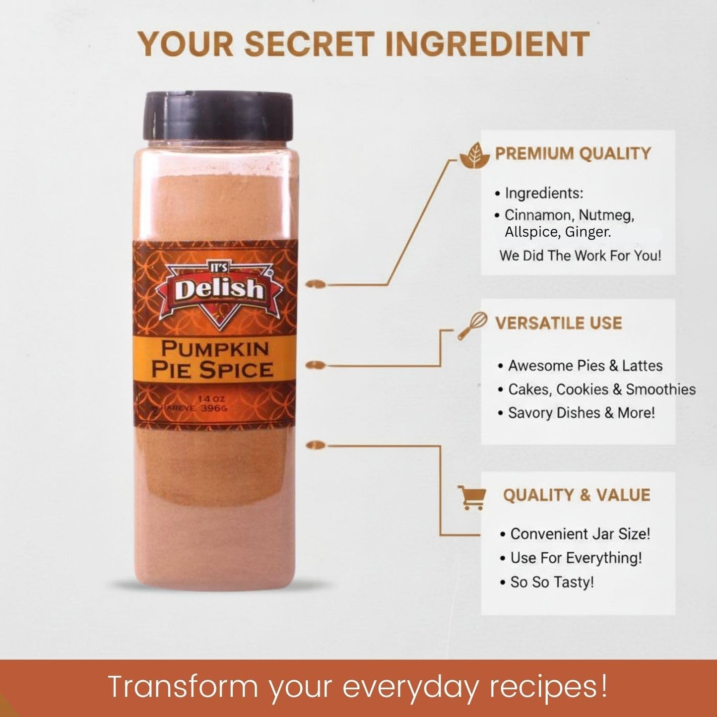 Gourmet Pumpkin Pie Spice Powder by It's Delish, 14 Oz Large Jar | Awesome Pumkin and Apple Pies Seasoning | Coffee Latte Tea Holiday Baking | Blend