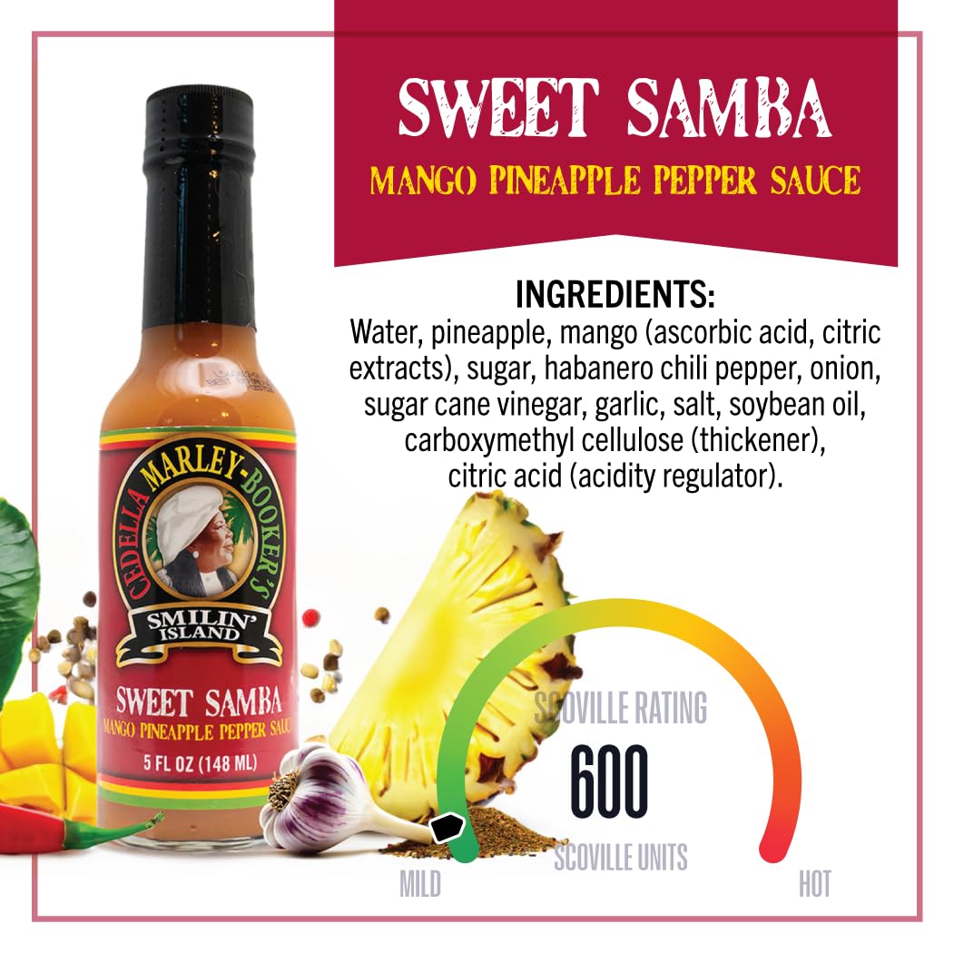 Smilin Island Sweet Samba Tropical Hot Sauce, Pineapple Mango Habanero, Sweet Flavor & Light Heat, Great for Dipping, Marinades & Cooking, 5 fl oz