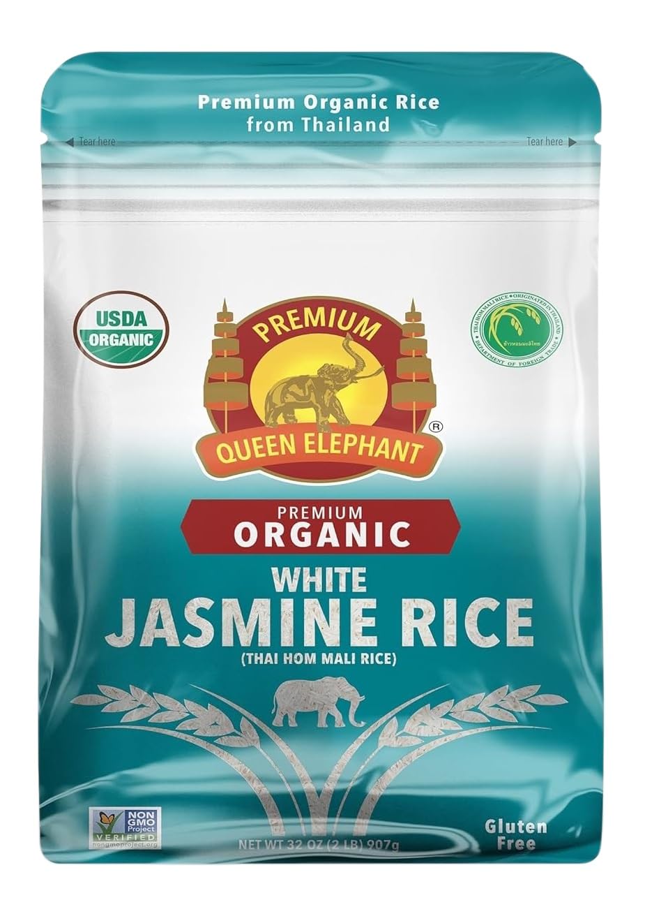Queen Elephant Premium Organic White Jasmine Rice 2lbs Bag | Product of Thailand | USDA Certified Organic, Non-GMO, Kosher, Vegan & Gluten Free