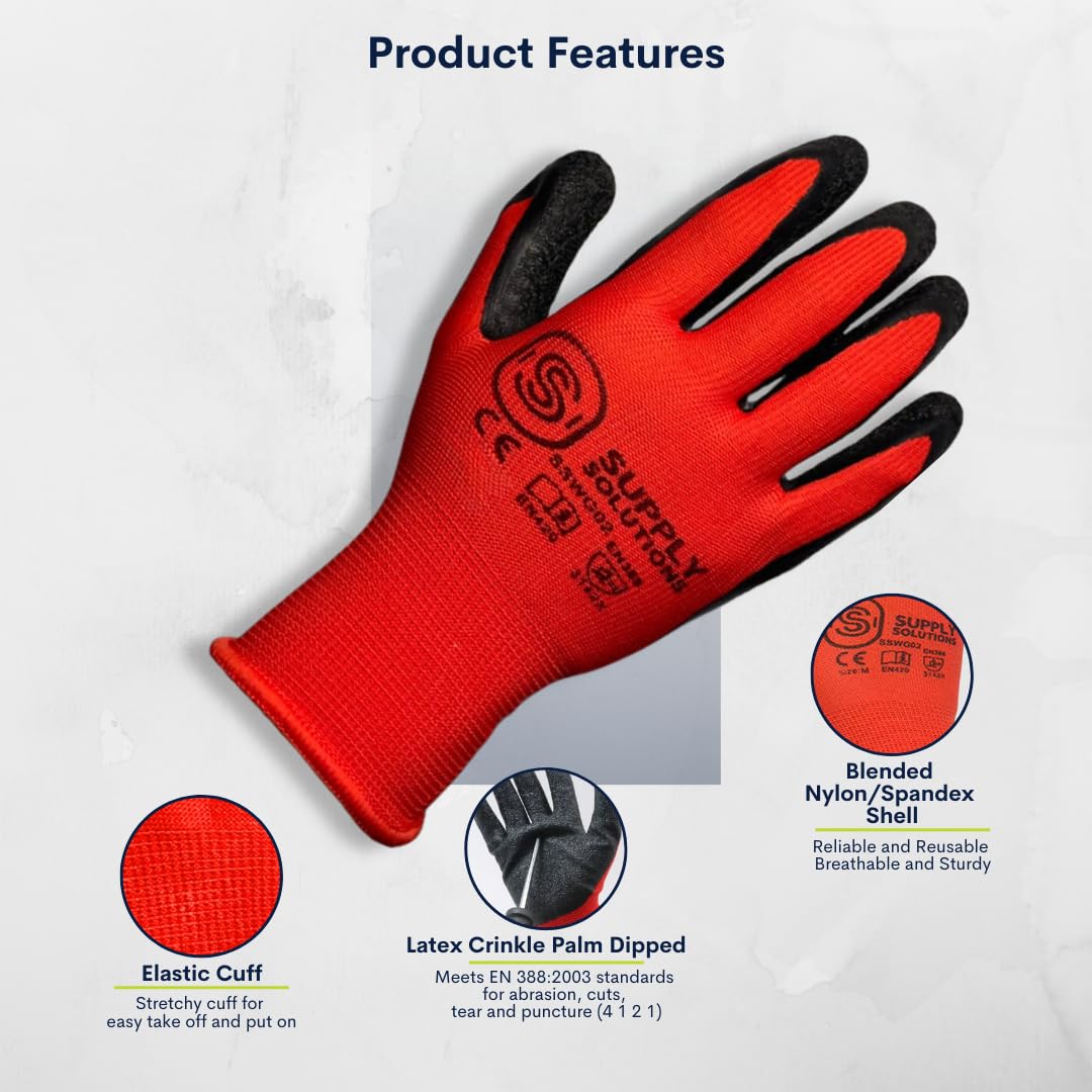 Supply Solutions 13 Gauge Polyester Shell with Latex Crinkle Palm Dipped Safety Work Gloves for Landscaping, Warehouse, Construction, Gardening