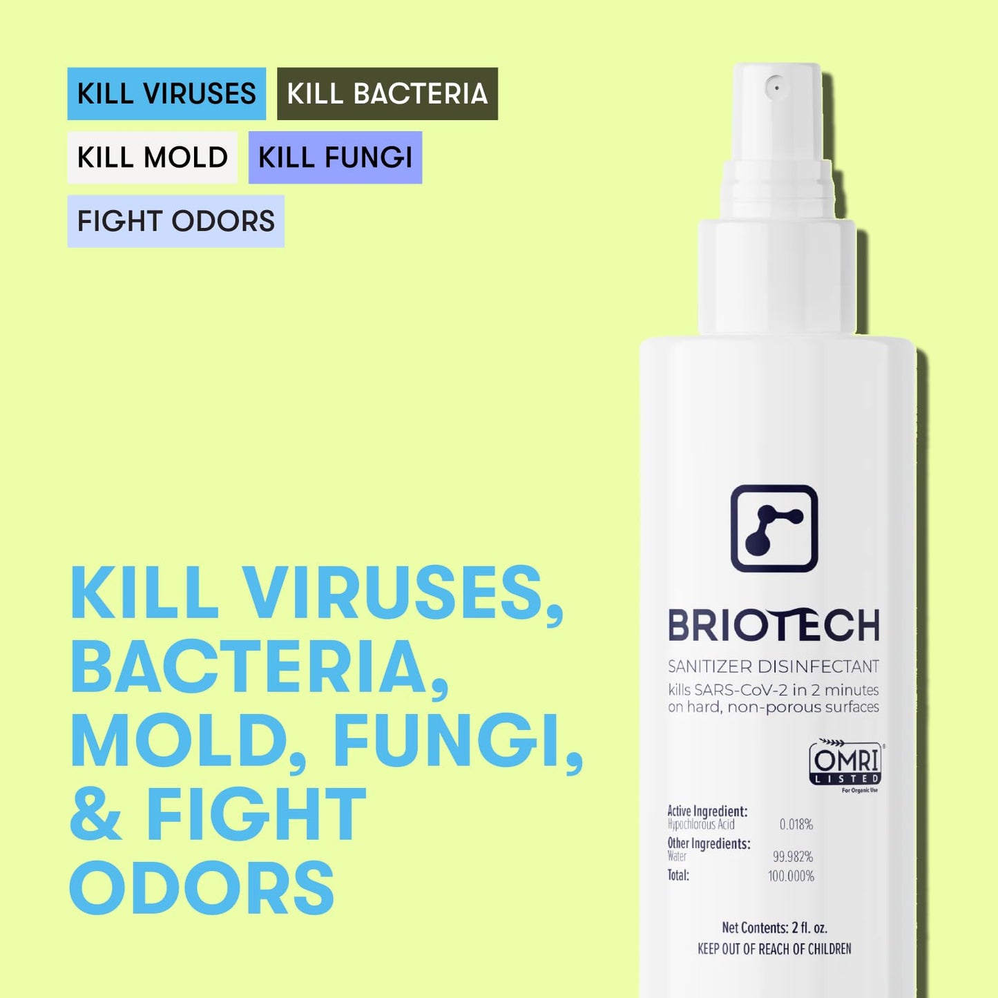 BRIOTECH Sanitizer Disinfectant Hypochlorous Spray, Kill 99.99% of Viruses & Bacteria, Control Mold, Eliminate Odor, Gentle for Nursery & Play Rooms