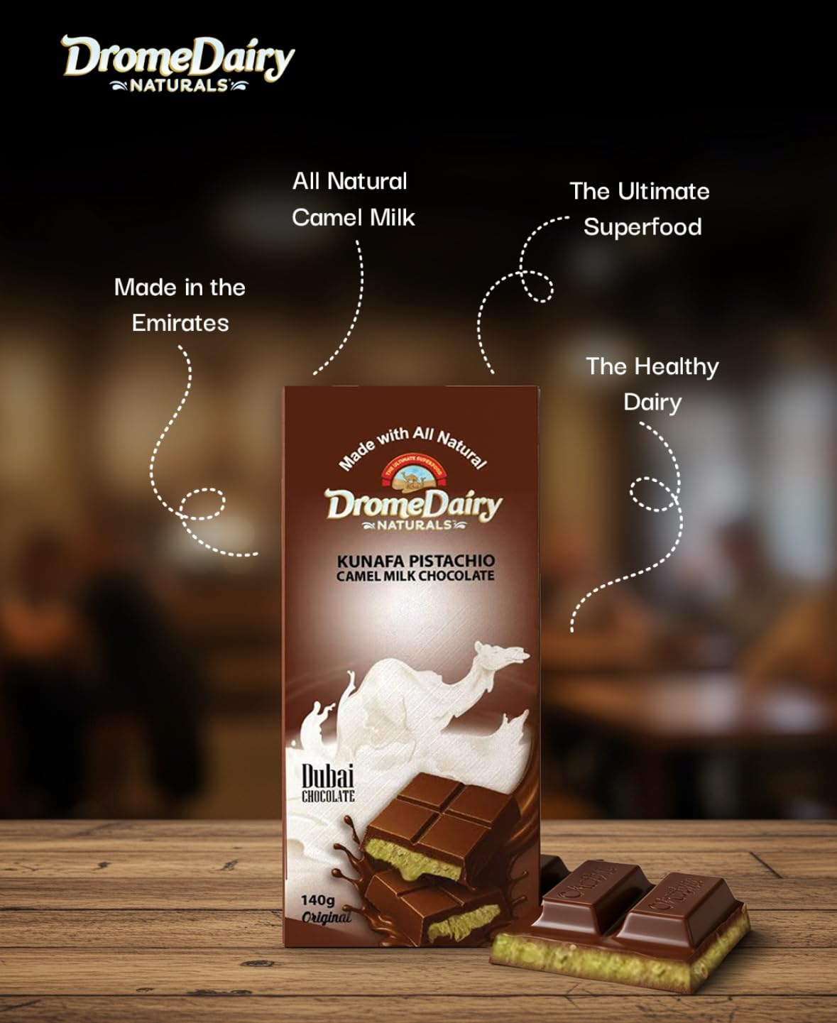 DromeDairy Naturals Premium Camel Milk Chocolate - Dubai Chocolate (Full Size, Kunafa Pistachio)