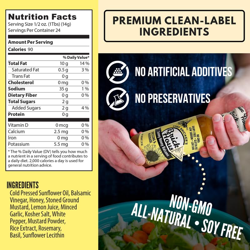Brick House Sunny Honey Balsamic Vinaigrette Dressing & Marinade, 12oz - Low-Sodium, Low-Carb, Dairy-Free, Gluten-Free, Non-GMO, Balsamic Vinaigrette