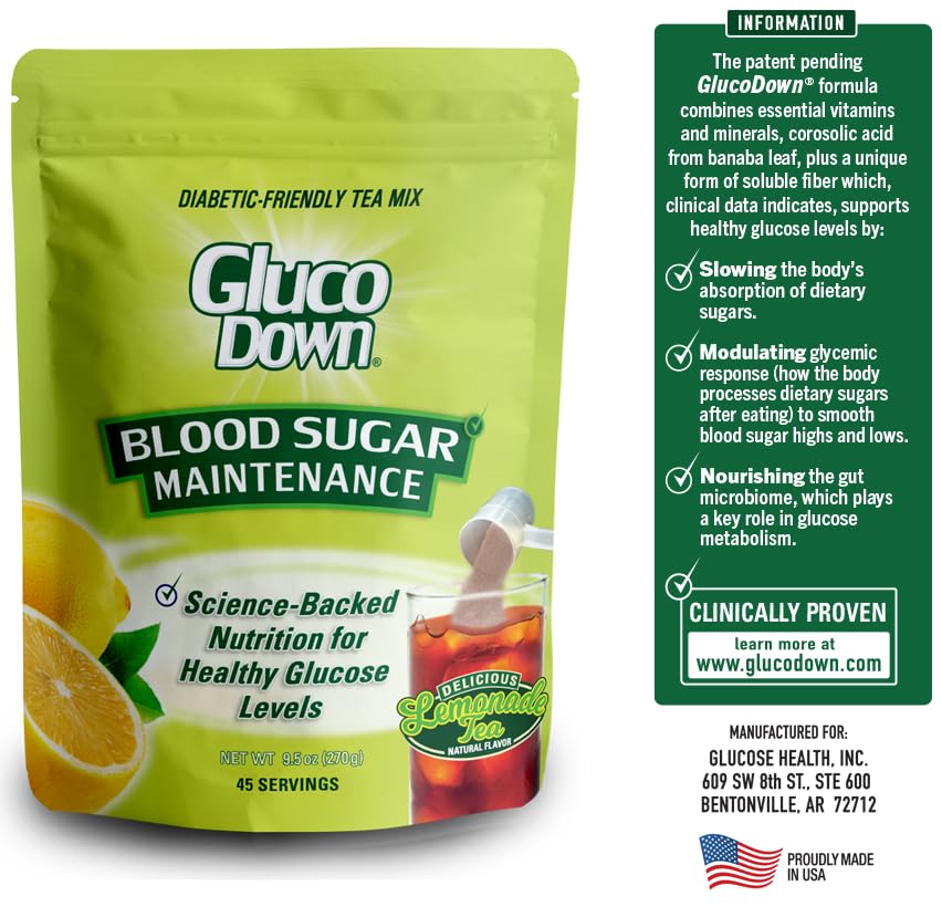 GLUCODOWN, Delicious Lemonade & Tea Mix, Patent Pending Dietary Fiber Formula for Maintenance of Healthy Blood Sugar & Cholesterol, 45 Servings.