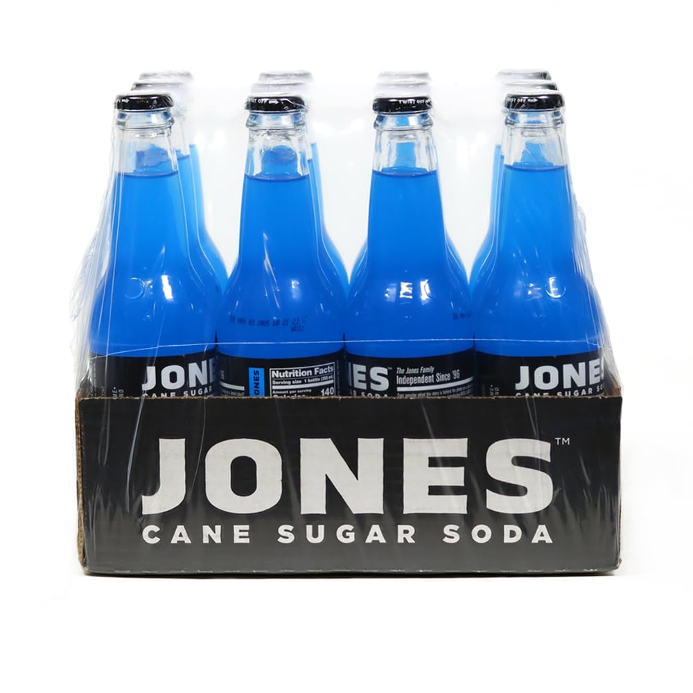 Jones Soda Co. Blue Bubblegum Flavor | 12-Pack | The Original Craft Soda | Made with Pure, 100% Cane Sugar | Pop Beverages/Soft Drinks | 12 Oz Glass