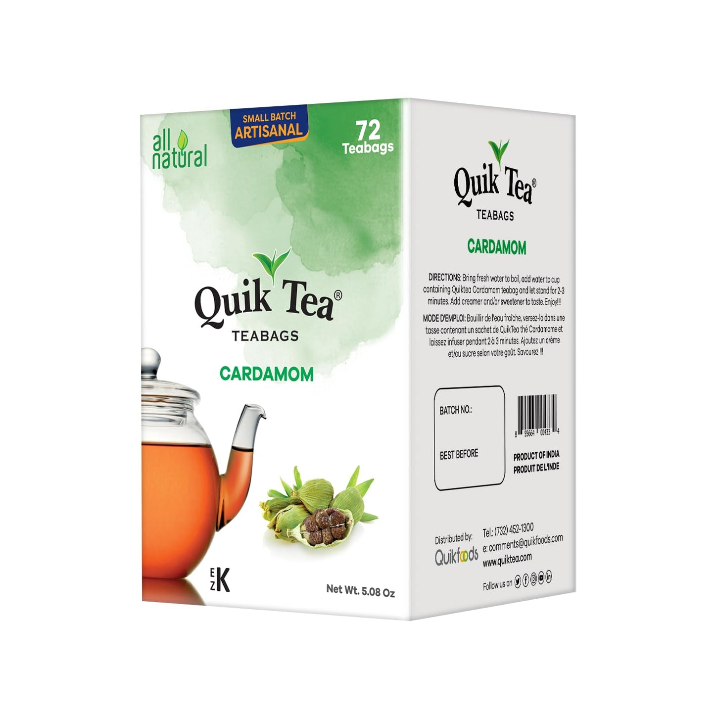 QuikTea Cardamom Tea Bags - 72 Count - Premium Assam Tea Paired with Warm and Soothing Cardamom Extracts. All Natural, Preservative Free - Easy