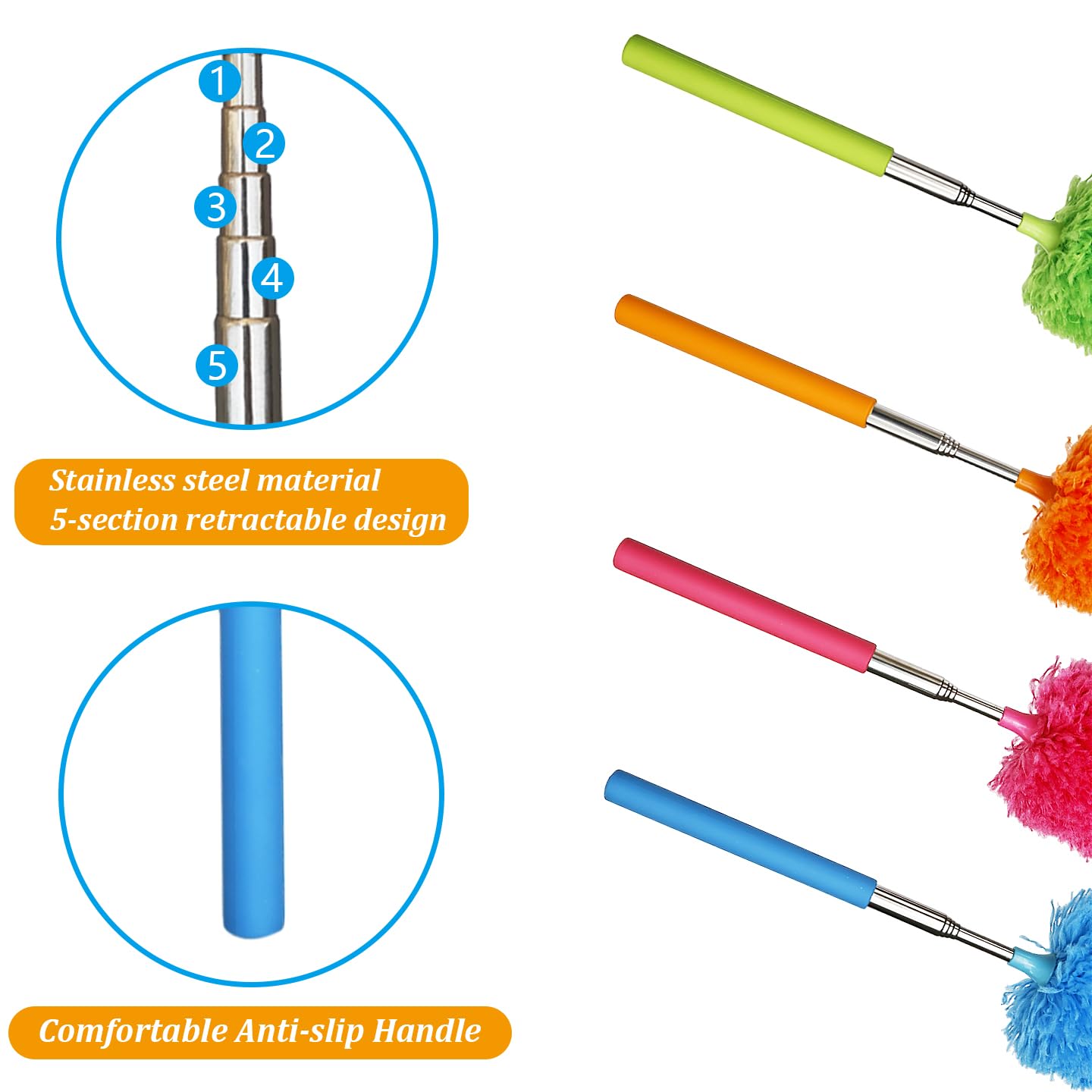 4 Pack Microfiber Feather Duster, with Extendable Pole and Bendable Head, Washable Microfibre Cleaning Tool for Cleaning Office, Car, Computer