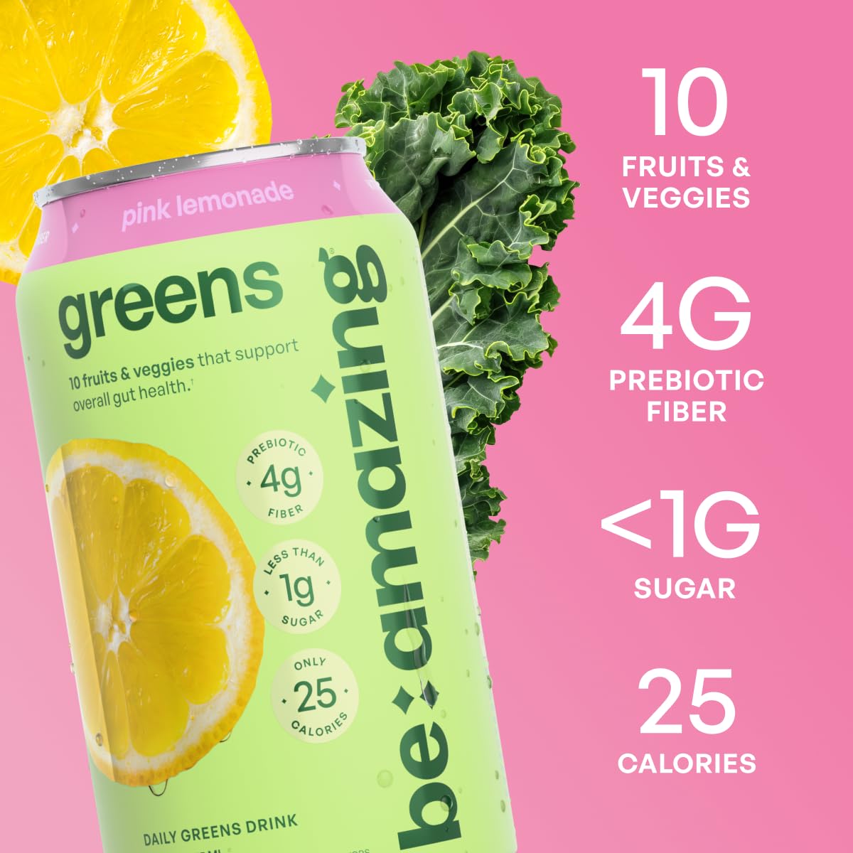 Be Amazing Greens Drink, Pink Lemonade, Ready to Drink, 10 Organic Fruits & Vegetables, Coconut Water, Vitamin C, Prebiotic Fiber, 25 Calories, Low
