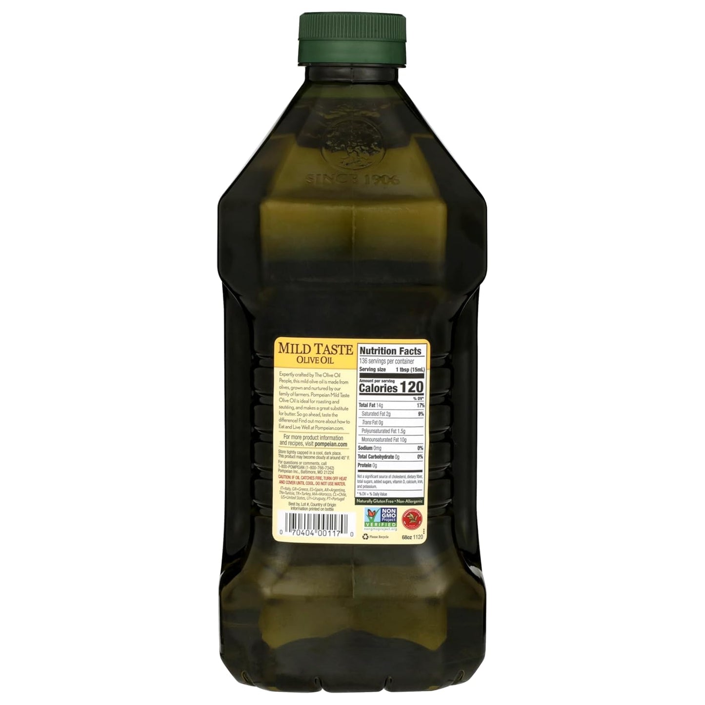 Pompeian Mild Taste Olive Oil - 68 Fl Oz - Olive Oil for High Heat Cooking - Mild Flavor for Baking and Sauteing - High Smoke Point
