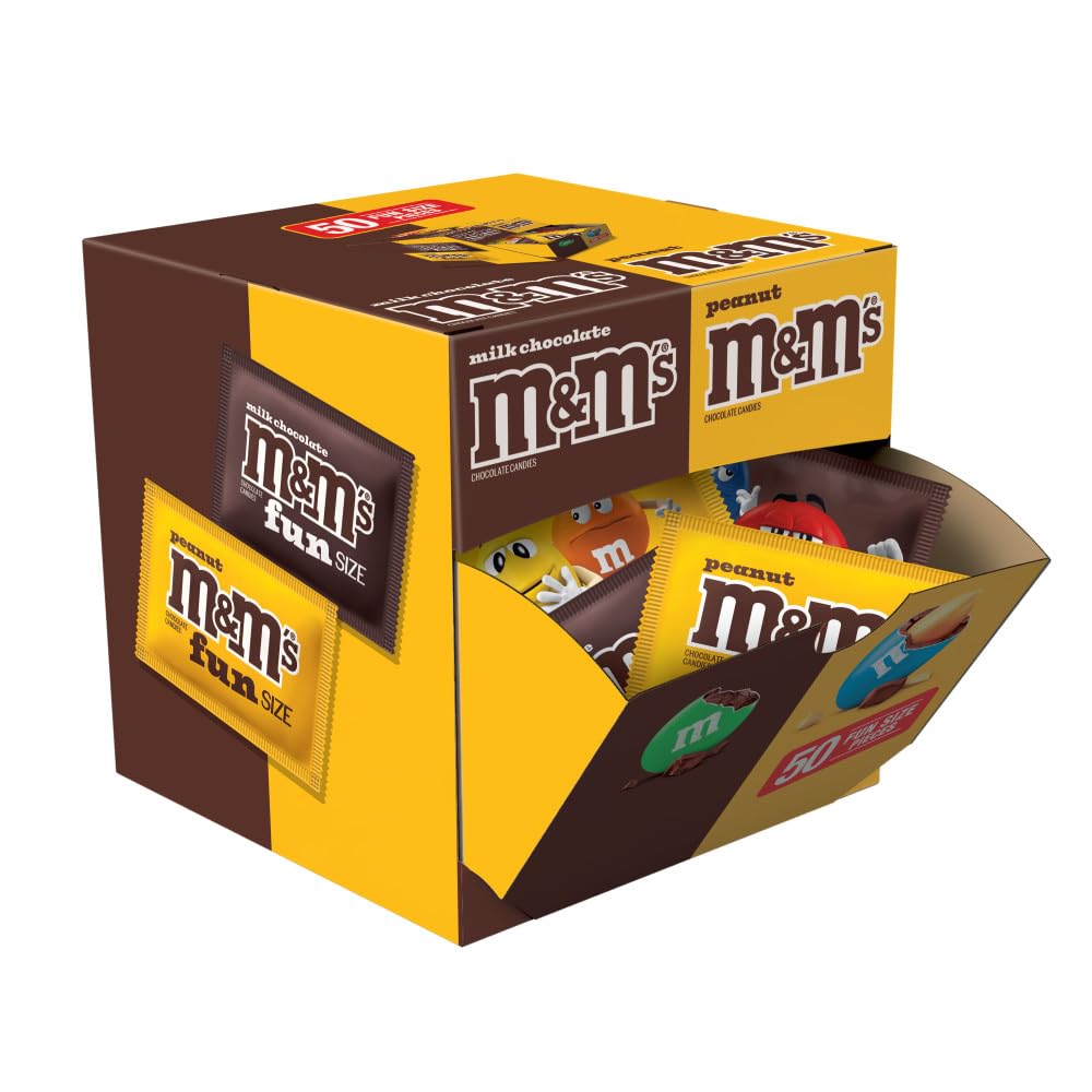 M&M'S Milk Chocolate & M&M'S Peanut Fun Size Candy Individually Wrapped Milk Chocolate Variety Pack Pantry Cube Easy Open and Close Dispenser