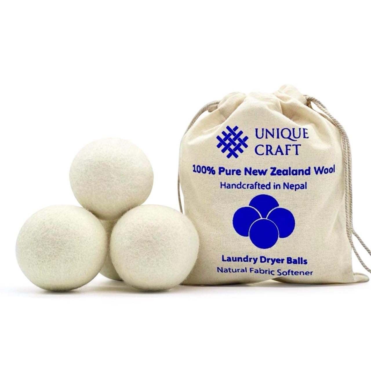 Unique Craft Wool Dryer Balls for Fewer Wrinkles - Reusable Dryer Wool Balls for Saves Drying Time, Chemical-Free Premium New Zealand Fabric Softener
