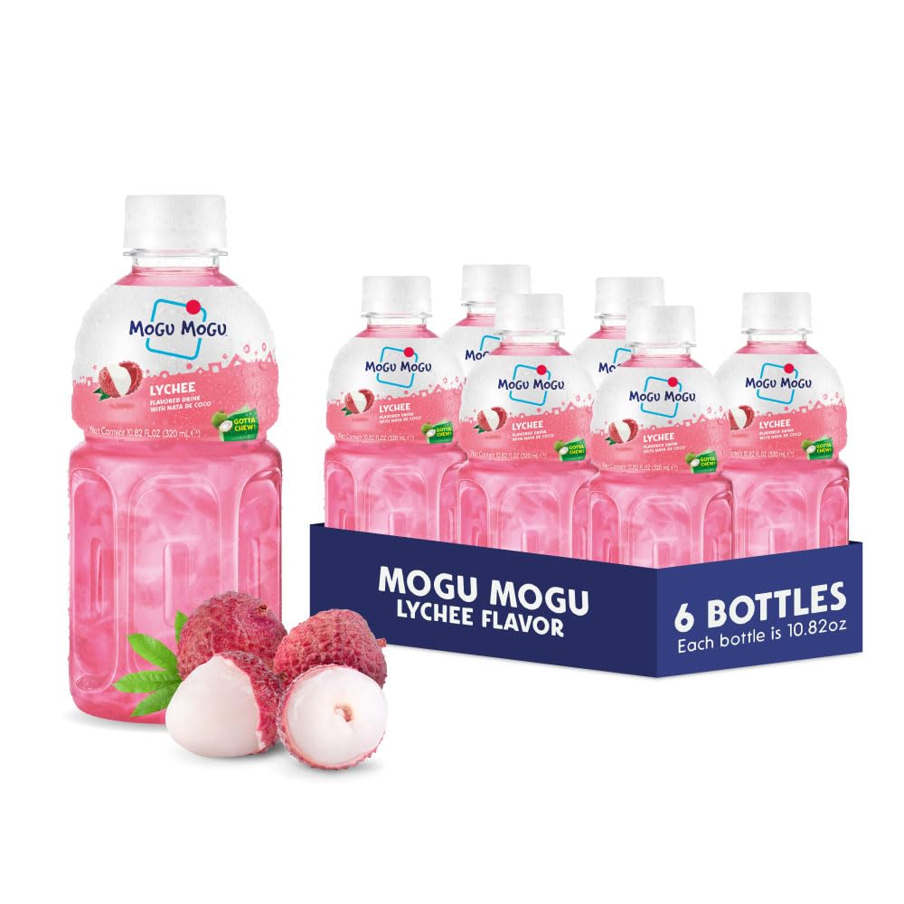 Mogu Mogu Lychee Juice Drink with Nata de Coco (Coconut Jelly) - Chewy Fruit Beverage for Kids & Adults, 6 Pack Bottles, 10.82 fl oz Each