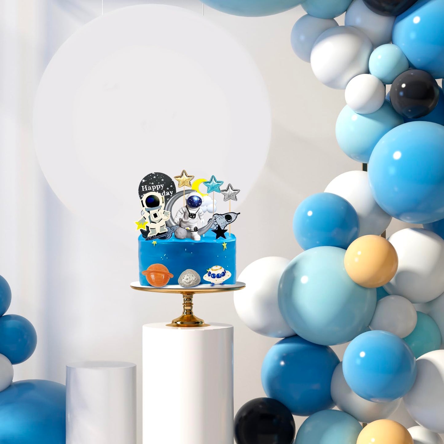 Ayearparty 32 Pcs Space Cake Toppers Outer Space Cake Decorations Astronaut Figurines Planet Rocket Stars and Satellite Pearl Balls DIY Cake Toppers
