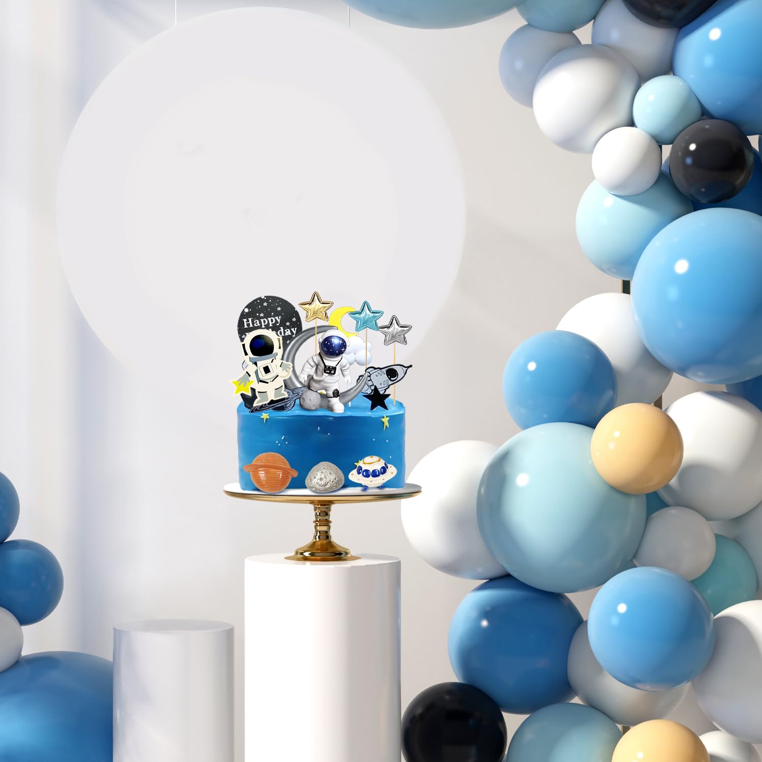 Ayearparty 32 Pcs Space Cake Toppers Outer Space Cake Decorations Astronaut Figurines Planet Rocket Stars and Satellite Pearl Balls DIY Cake Toppers