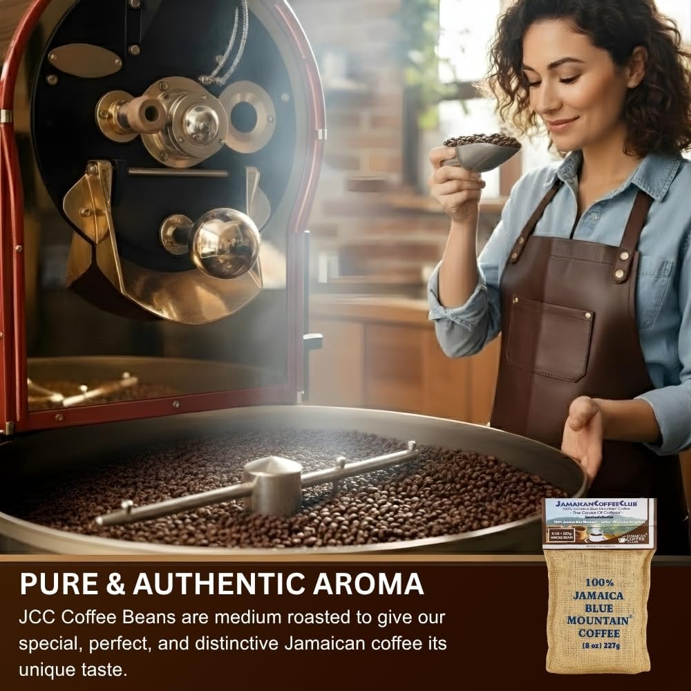 JamaicanCoffeeClub 100% Blue Mountain Whole Bean Coffee, WB 8oz Jamaican Roasted Beans, Smooth Rich Flavor, Handpicked Gourmet Beans, Bold Medium