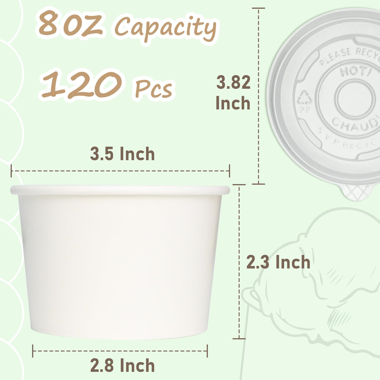 ESSENTIAL Paper Ice Cream Cups with Lids, 120pcs 8oz Disposable Dessert Bowls with Lids for Hot or Cold Food, Paper Snack Containers for Sundae