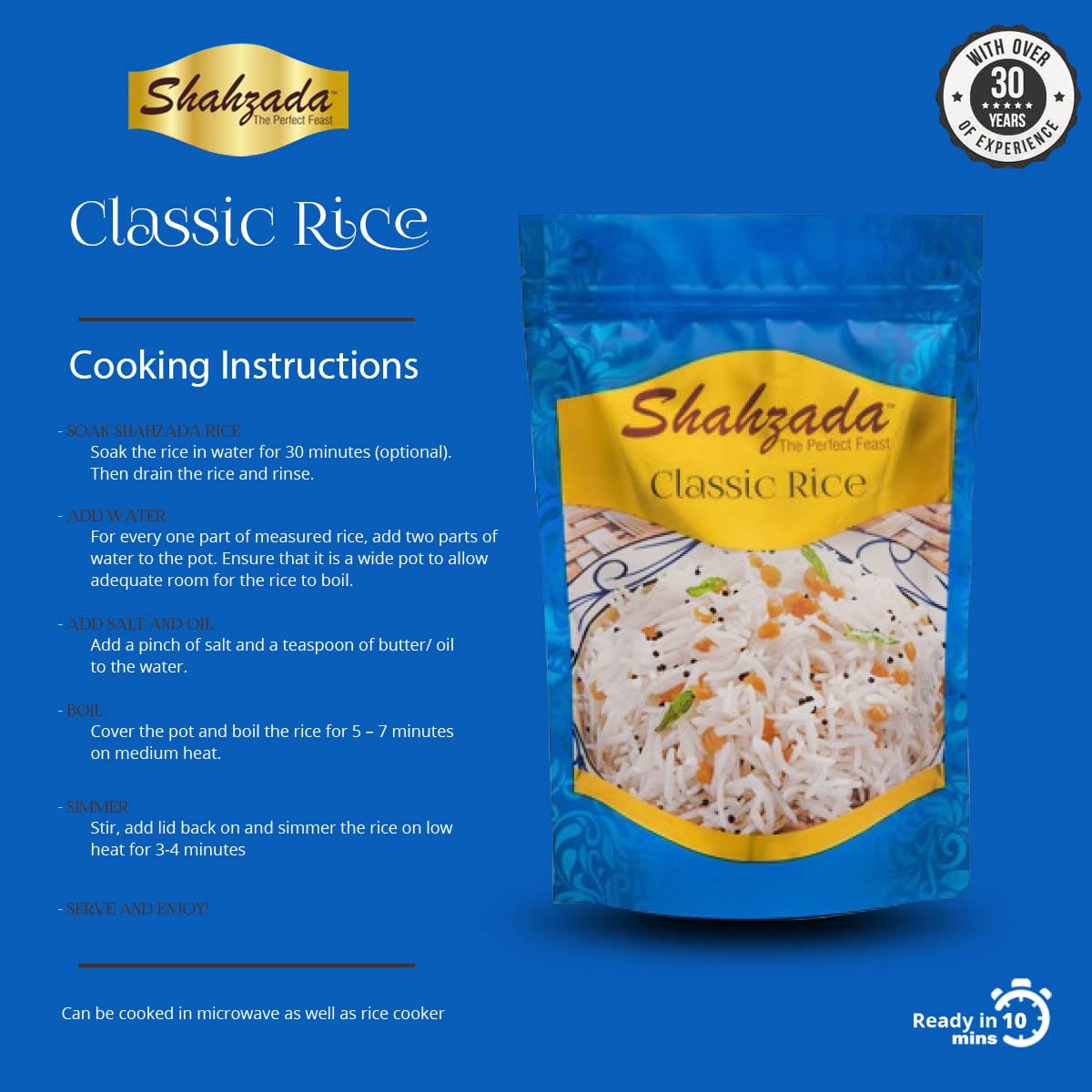 Shahzada Classic White Rice 02 lbs - Great Fragrant Rice for Daily Use, Aged, Aromatic, Flavorful & Slender, Quick Cooking. Everyday - Vegan, GLUTEN FREE, Non-GMO, Low Sodium, No Cholesterol, Resealable Zip-Lock Bag to Seal Freshness - 02 Pound Packing - 32 Oz