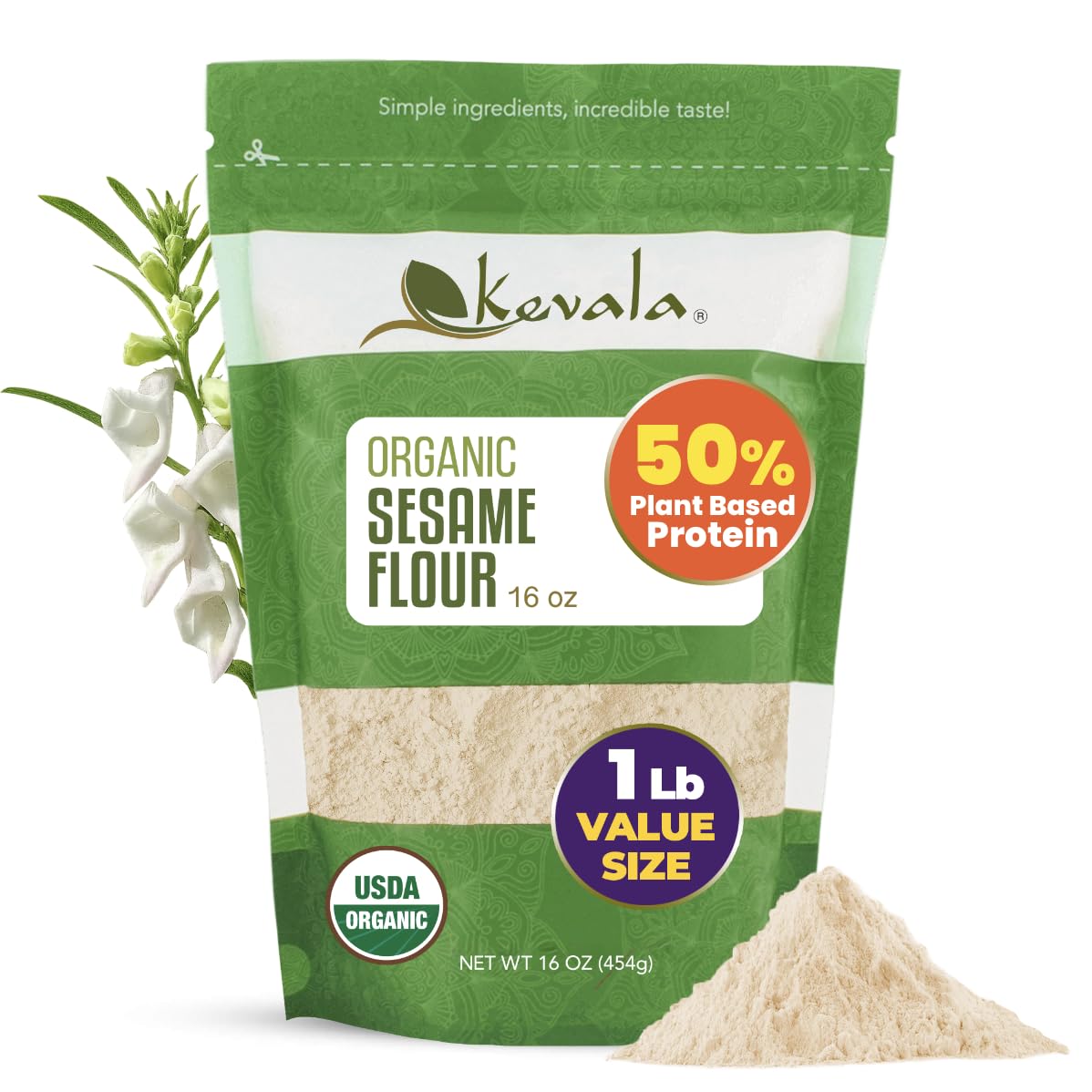 Kevala Organic Sesame Flour - 50% Protein Flour Made with Non GMO Sesame Seeds, With Mild Sesame Flavor, Vegan Protein Source, For Making Bread