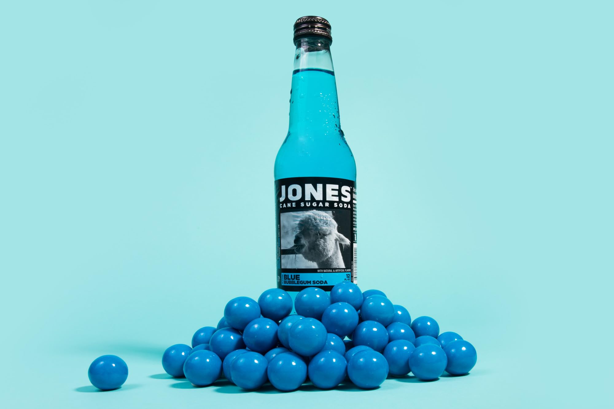 Jones Soda Co. Blue Bubblegum Flavor | 12-Pack | The Original Craft Soda | Made with Pure, 100% Cane Sugar | Pop Beverages/Soft Drinks | 12 Oz Glass