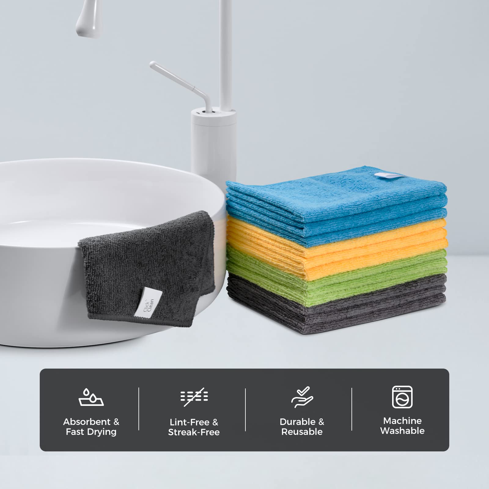 CLICK CLEAN Microfiber Cleaning Cloths, 12-Pack, Size 12" x 16", Lint-Free, Streak-Free, Reusable Cleaning Towels for Cleaning Windows, Glass
