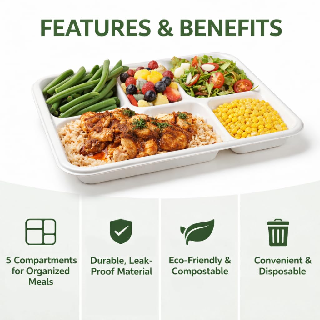 5-Compartment Compostable Plates for Easy Cleanup - Compartment Tray for Portion Control & Mess-Free Meals - 10.25×8.5 In Disposable Bagasse Paper