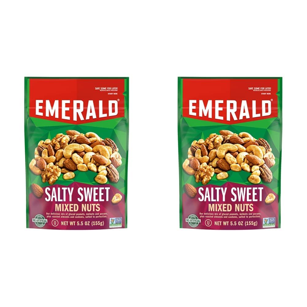 Emerald Nuts, Salty Sweet Mixed Nuts, Features Kettle Glazed Peanuts, Almonds, Cashews, Kettle Glazed Walnuts, Kettle Glazed Pecans, 5.5 Oz