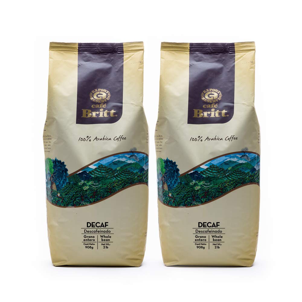 Café Britt® - Costa Rican Decaffeinated Coffee (2 Lbs.) (2-Pack) (4 Lbs Total) - Whole Bean, Arabica Coffee, Kosher, Gluten Free, 100% Gourmet & Dark