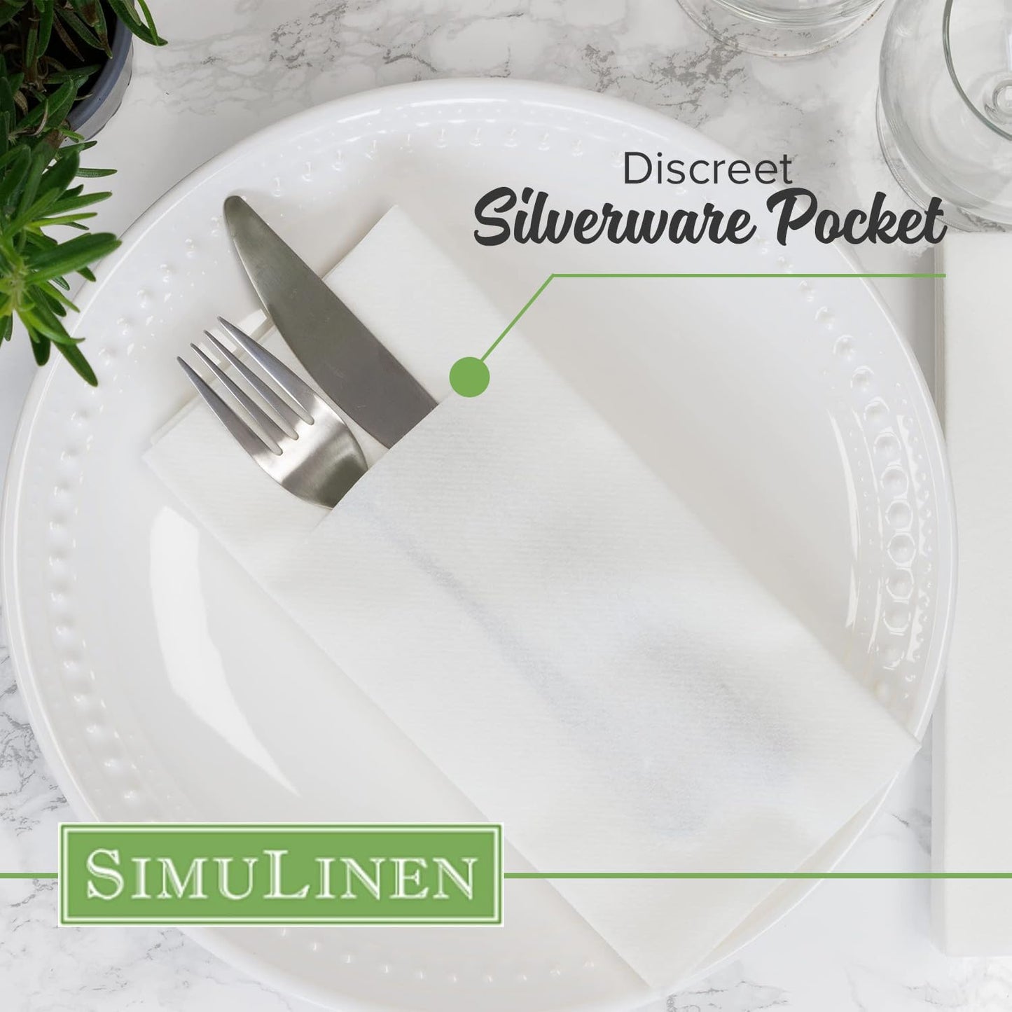 SimuLinen White Disposable Dinner Napkins with Pocket for Utensils, Decorative and Absorbent, Paper Napkins for Silverware, 17"x17", Box of 150