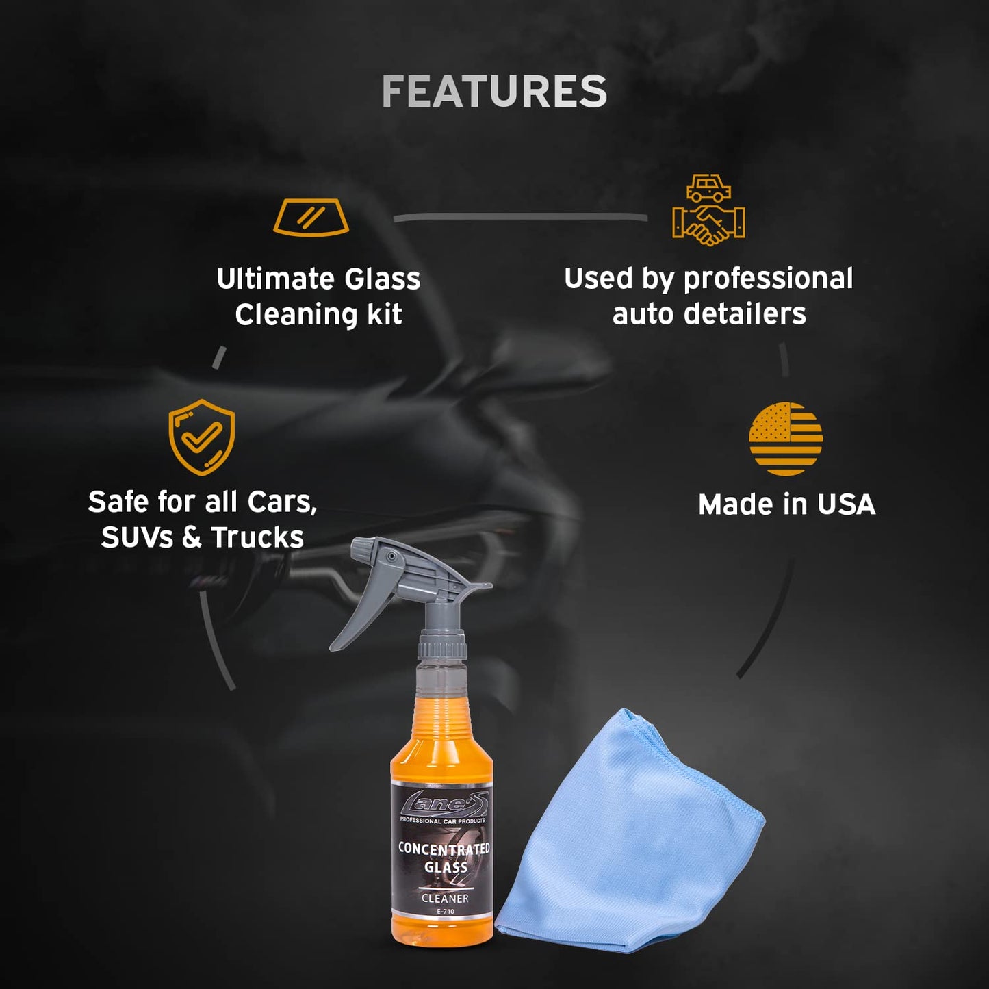 LANE'S Glass Cleaner & Towel Kit - Concentrated Glass Cleaner, Streak Free Formula - Corduroy Window Glass Towel (16 OZ)