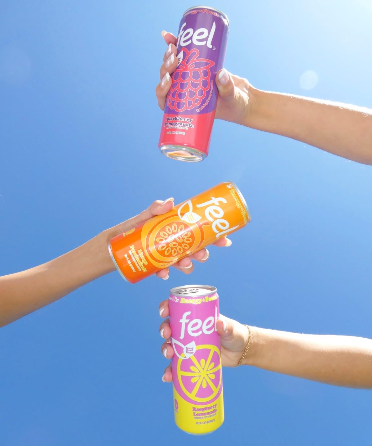 FEEL Variety Pack - Sparkling Zero Sugar Energy Drink - 3 Flavor Assortment, 140mg Plant-Based Caffeine from Green Coffee Beans + L-Theanine - Vitamin