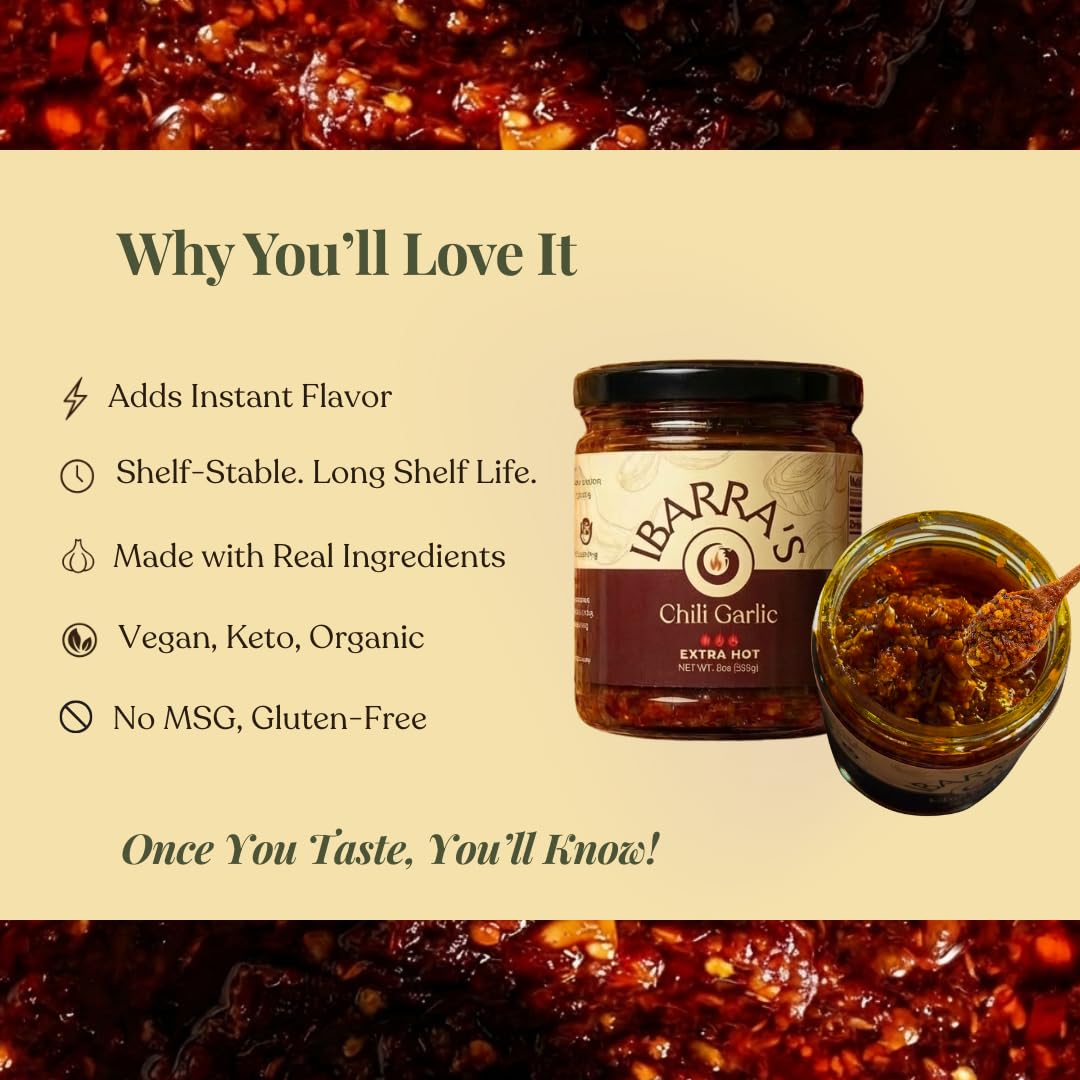 IBARRA'S Chili Garlic - 9oz (Pack of 1) - "The all-around, premium sauce for spice and flavor". Vegan-friendly. Small-batch production. Gluten-free