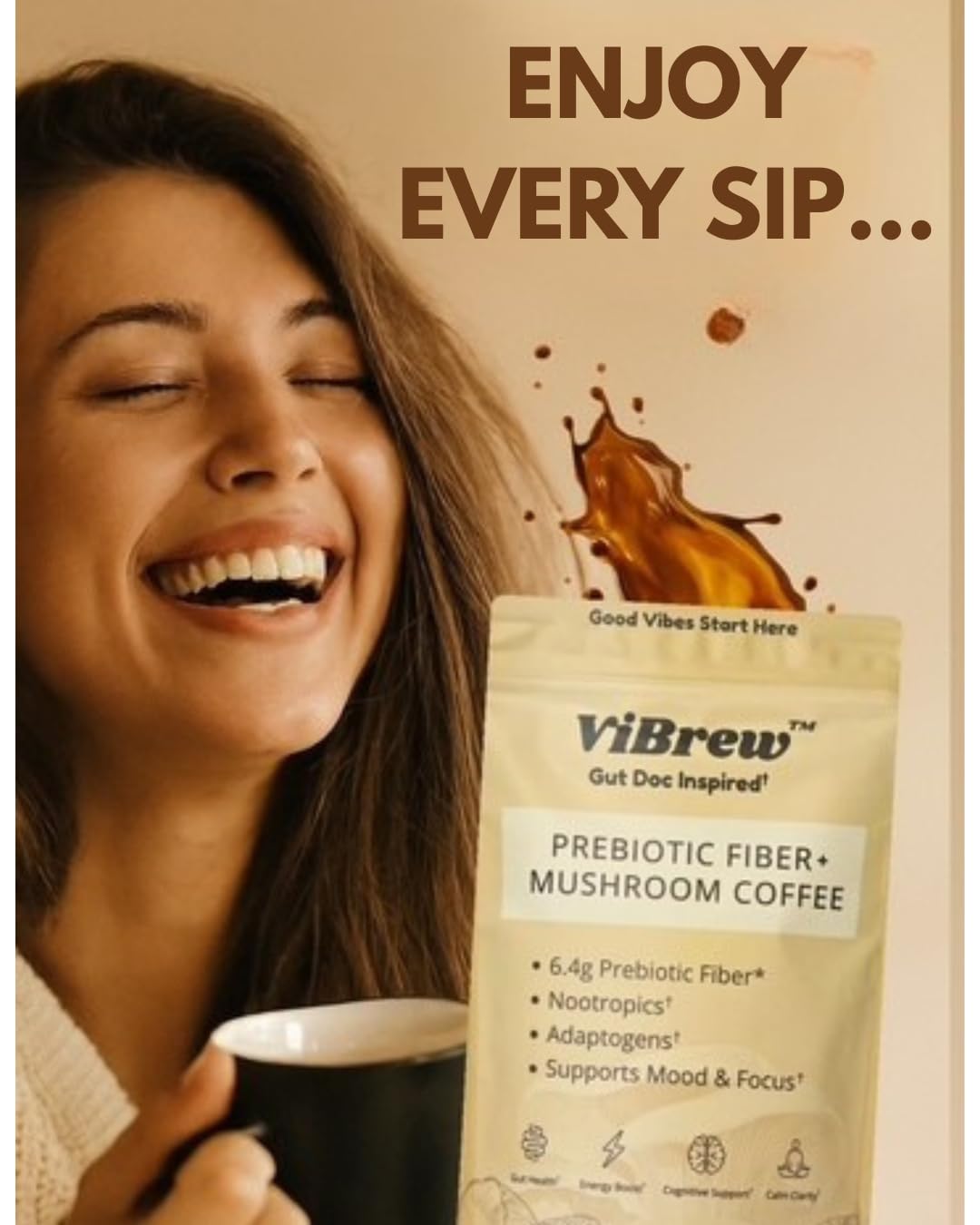 VIBREW GLP-1 Friendly Fiber Supplement- Prebiotic Fiber (6.4g) + Low-Caffeine Organic Arabica + Matcha + Mushrooms for Focus, Energy, Gut Health