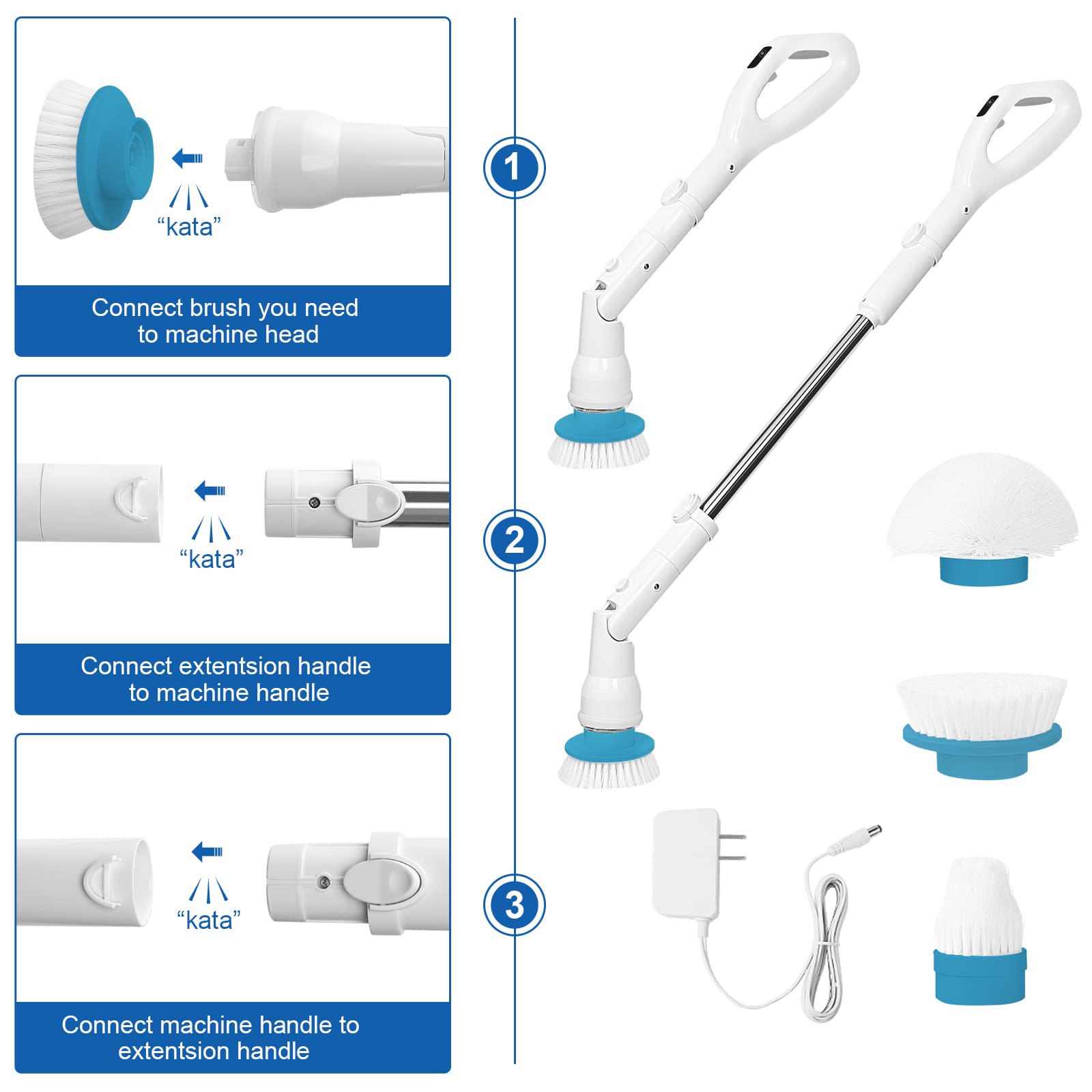 Electric Spin Scrubber Cleaner Brush: 360 Cordless Shower Scrubber Power Bathroom Scrubber with 3 Multi Purpose Replaceable Cleaning Brush Heads & 1