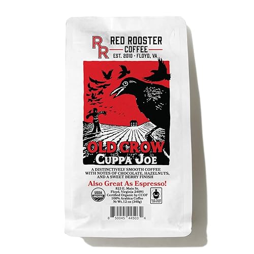 Red Rooster Coffee, Organic Old Crow Cuppa Joe - Medium Roast Whole Bean Coffee - Notes of Blackberry, Tart Cherry, Dark Chocolate & Trail Mix - 12oz