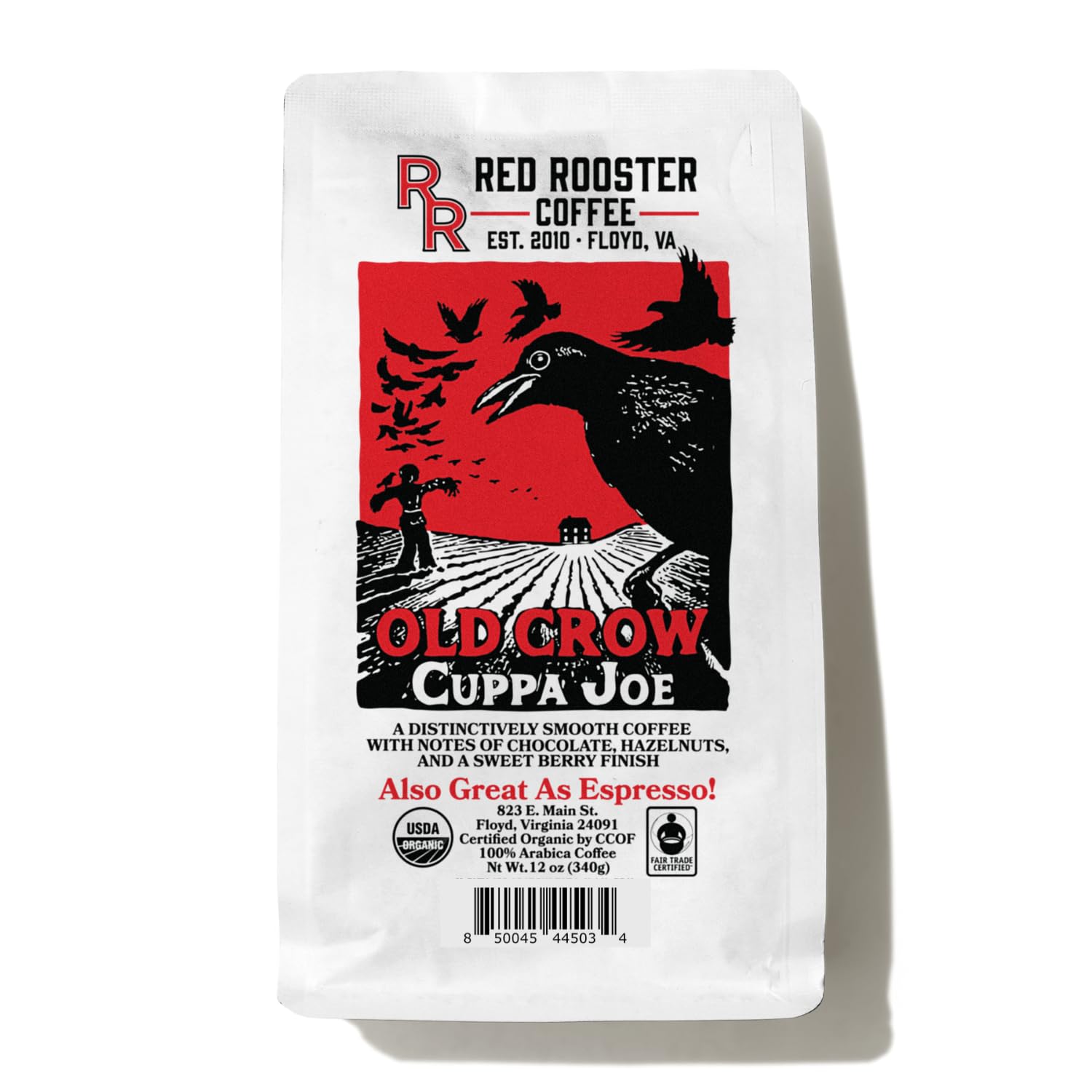 Red Rooster Coffee, Organic Old Crow Cuppa Joe - Medium Roast Whole Bean Coffee - Notes of Blackberry, Tart Cherry, Dark Chocolate & Trail Mix - 12oz