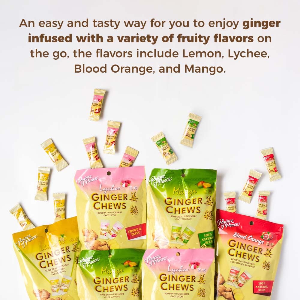 Prince of Peace Ginger Chews Assrted Flavors, 8 oz - Lemon, Lychee, Blood Orange, Mango - Candied Ginger - Candy Pack - Ginger Chews Candy - Natural