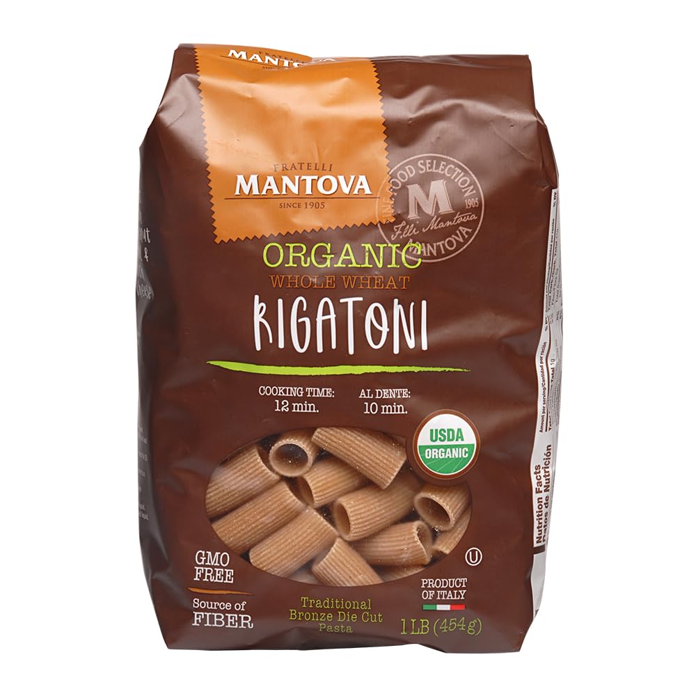 Mantova Whole Wheat Organic Rigatoni Pasta - (Pack of 6), 1lb Bags | 100% Whole Wheat Durum Semolina | Bronze-Cut, Non-GMO, High Fiber | Tube Pasta