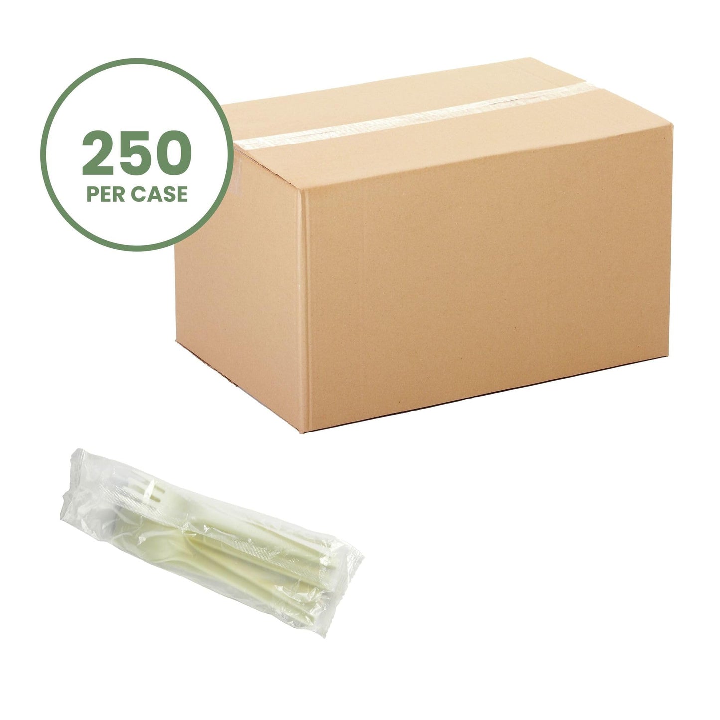 Vegware Compostable CPLA Plastic Utensils Set, Case of 250, Disposable Knife, Fork, Spoon, and Recycled Napkin, Renewable Material Made from Plants