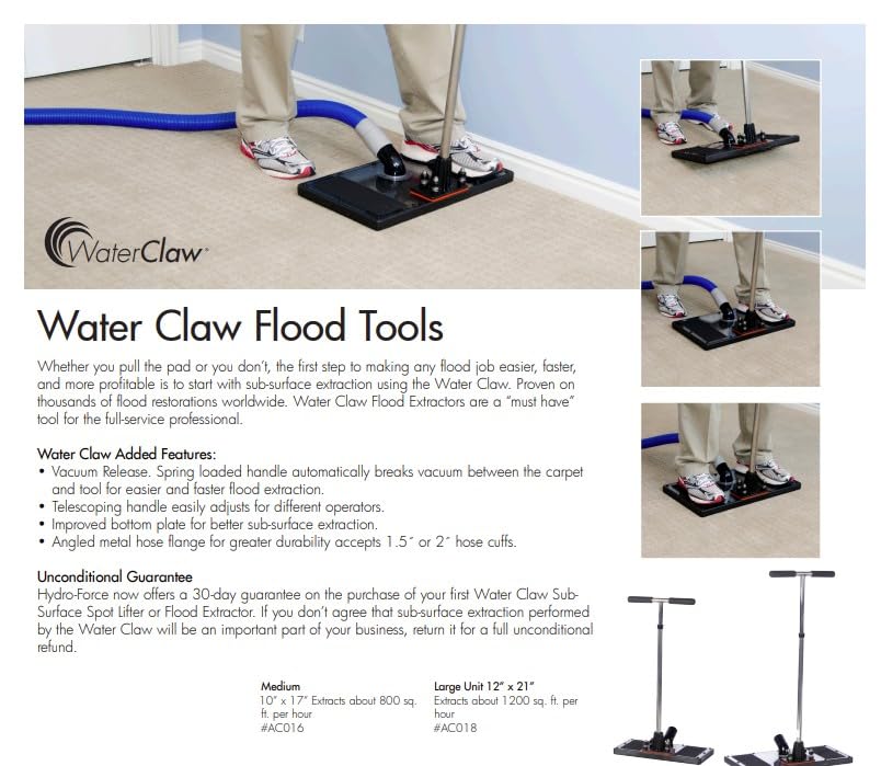Water Claw, Deluxe Flood Extractor with Carrying Bag, Large (12" X 21"), Sub-Surface Carpet and Pad Extraction, AC018