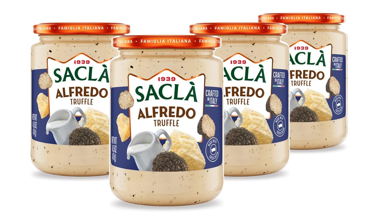 SACLA Alfredo Sauce with Black Truffle 4-Pack | Creamy Italian White Pasta Sauce with Grana Padano DOP Cheese & Black Truffle | FOUR 14.5 oz Glass